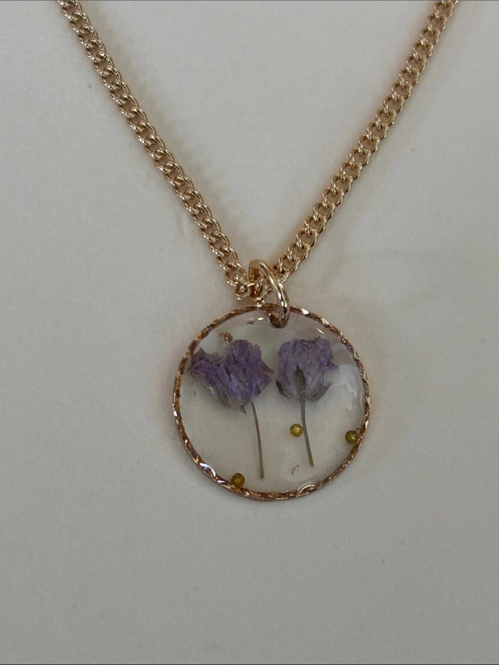 NWT World Market Real Dried Flowers Pendant Necklace Gold & Purple